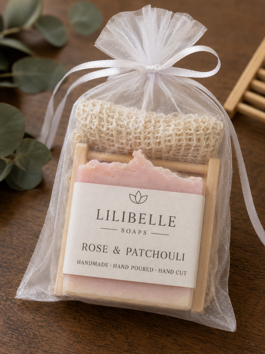 Soap Bar, Wooden Dish & Exfoliating Bag